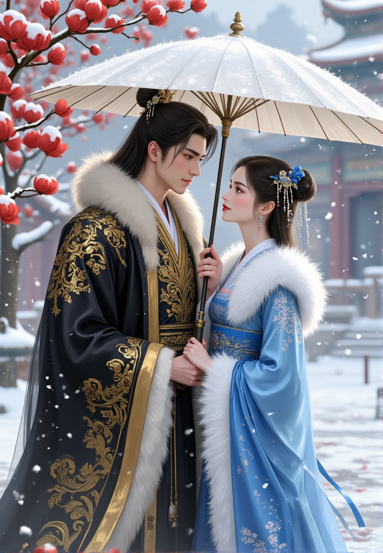 雪中相依的古风情侣