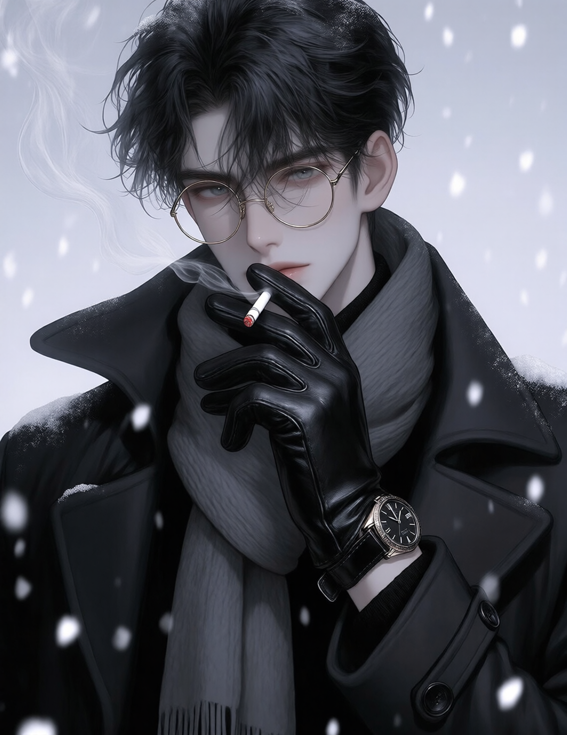 雪夜中的暗黑时尚男士肖像