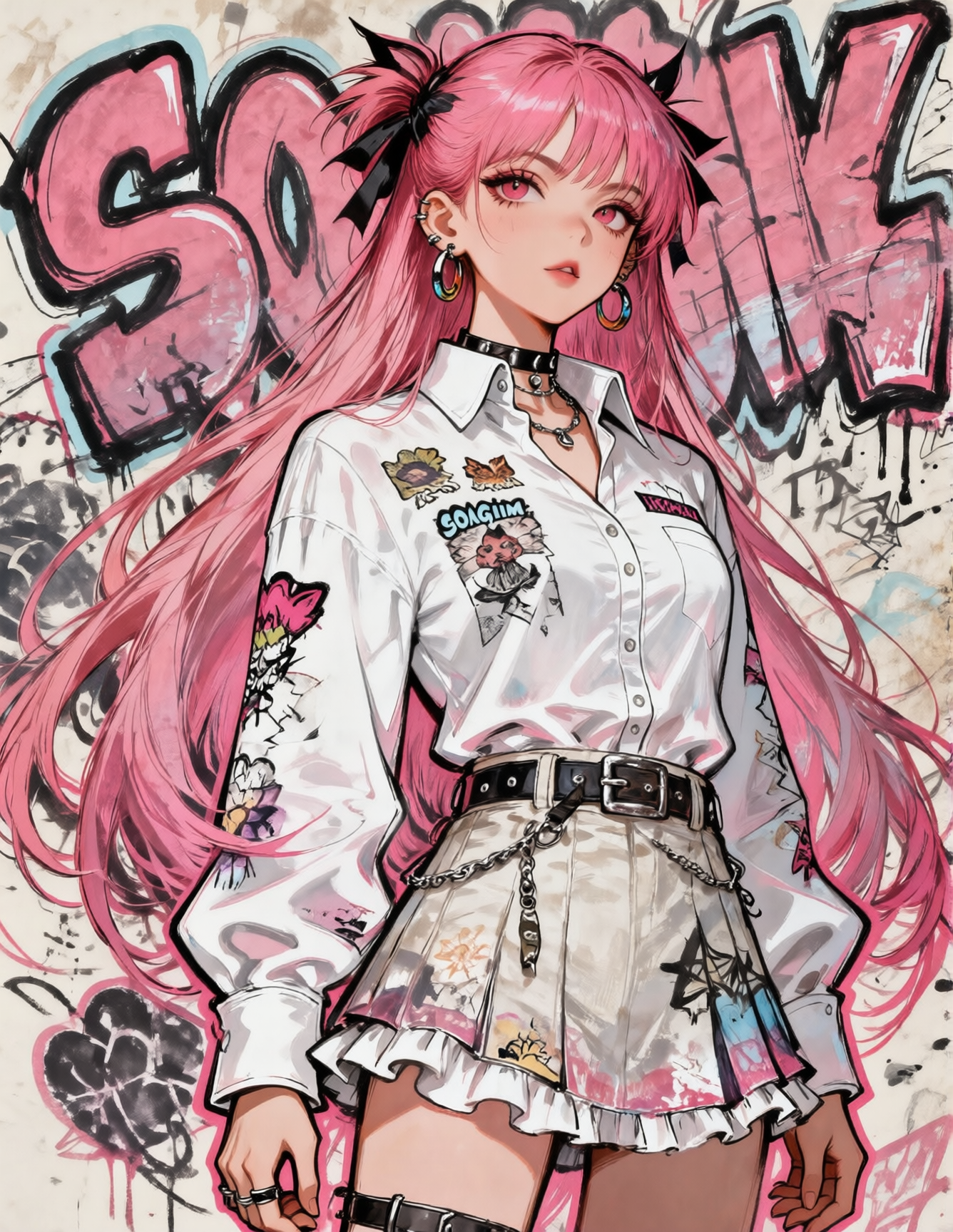 街头涂鸦风的粉发二次元少女