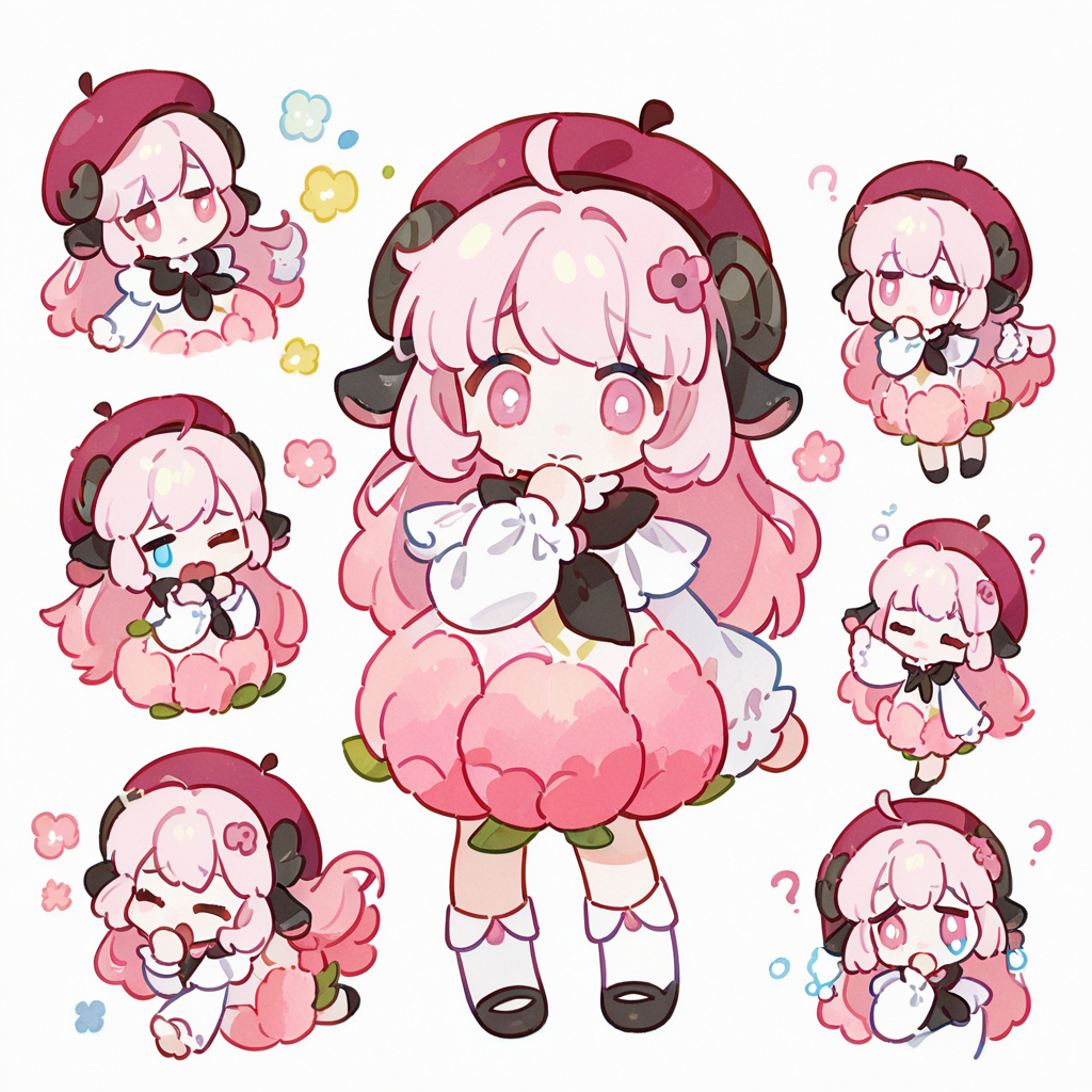 粉色羊角少女的多表情Q版设定图