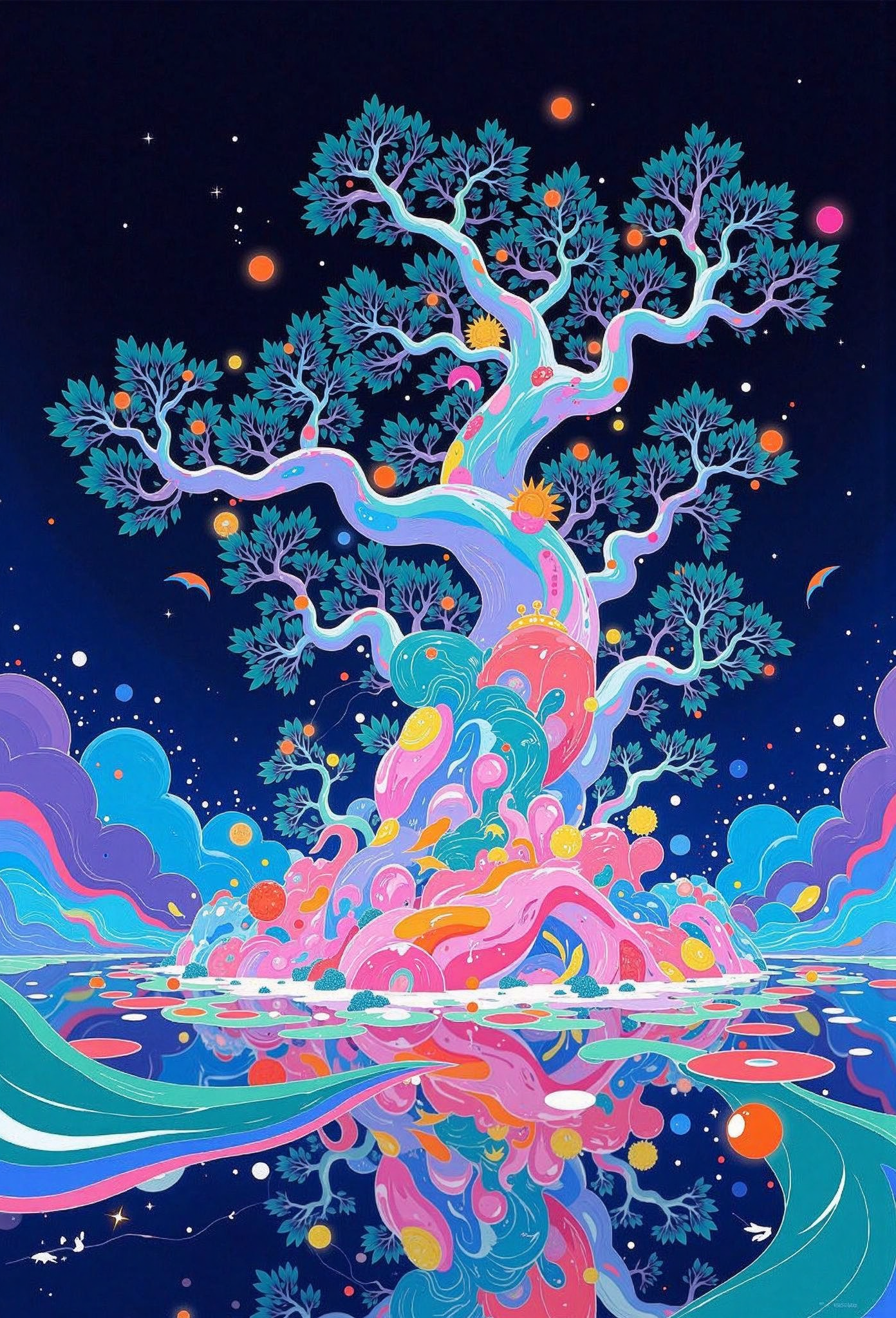 梦幻星空下的彩色生命之树