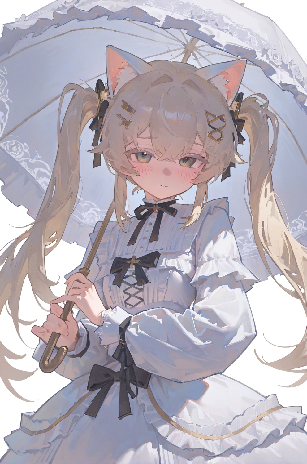 手持白伞的猫耳双马尾少女