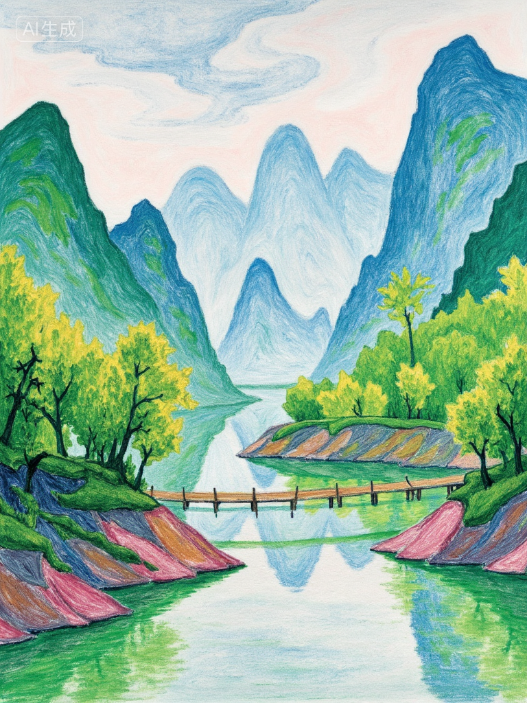 梦幻山谷湖景插画