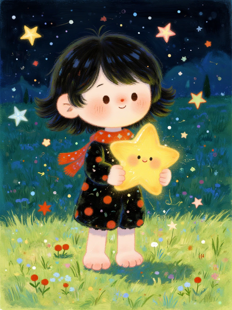 星空下抱着星星的小女孩
