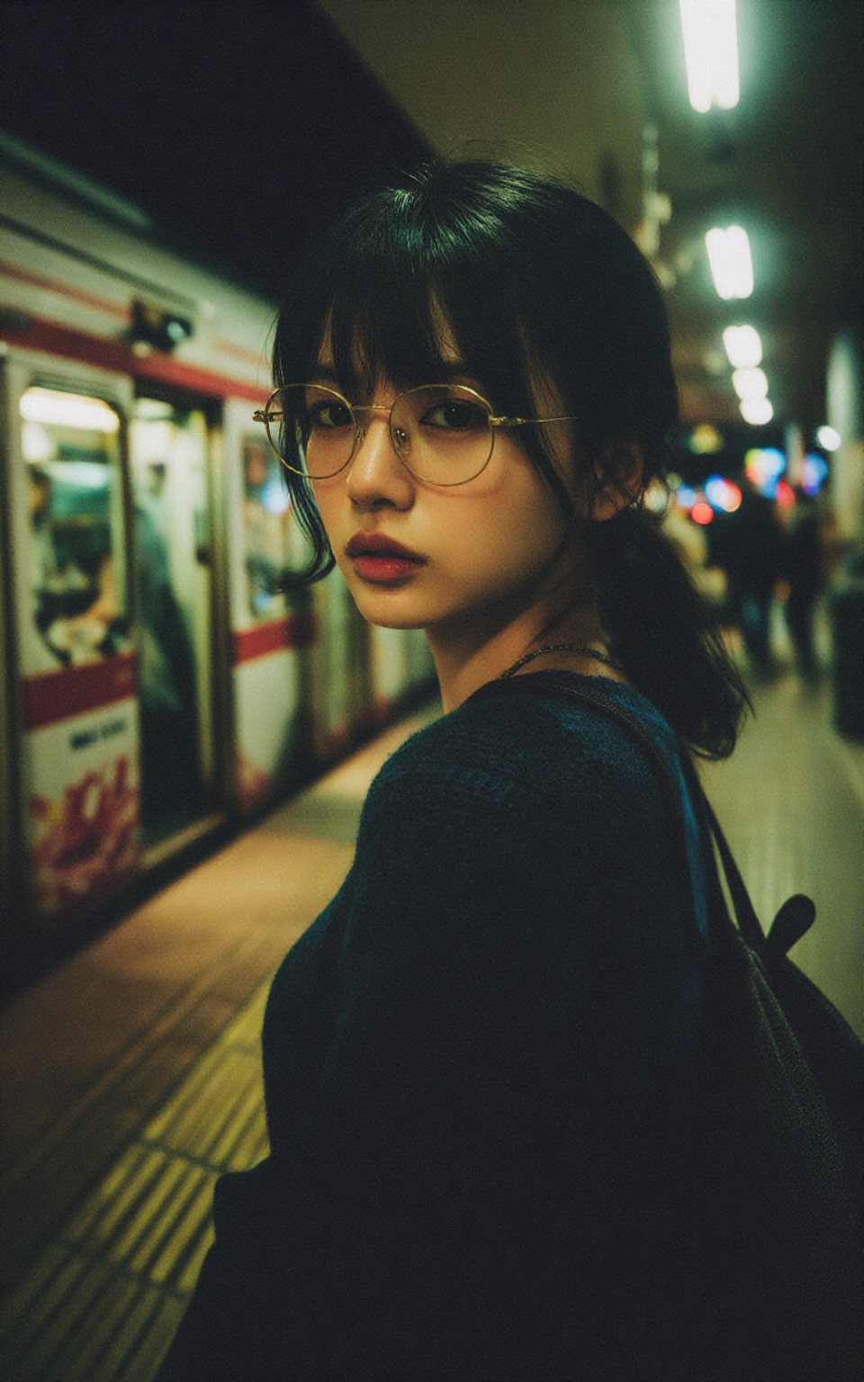 夜晚地铁站台上的侧影人物