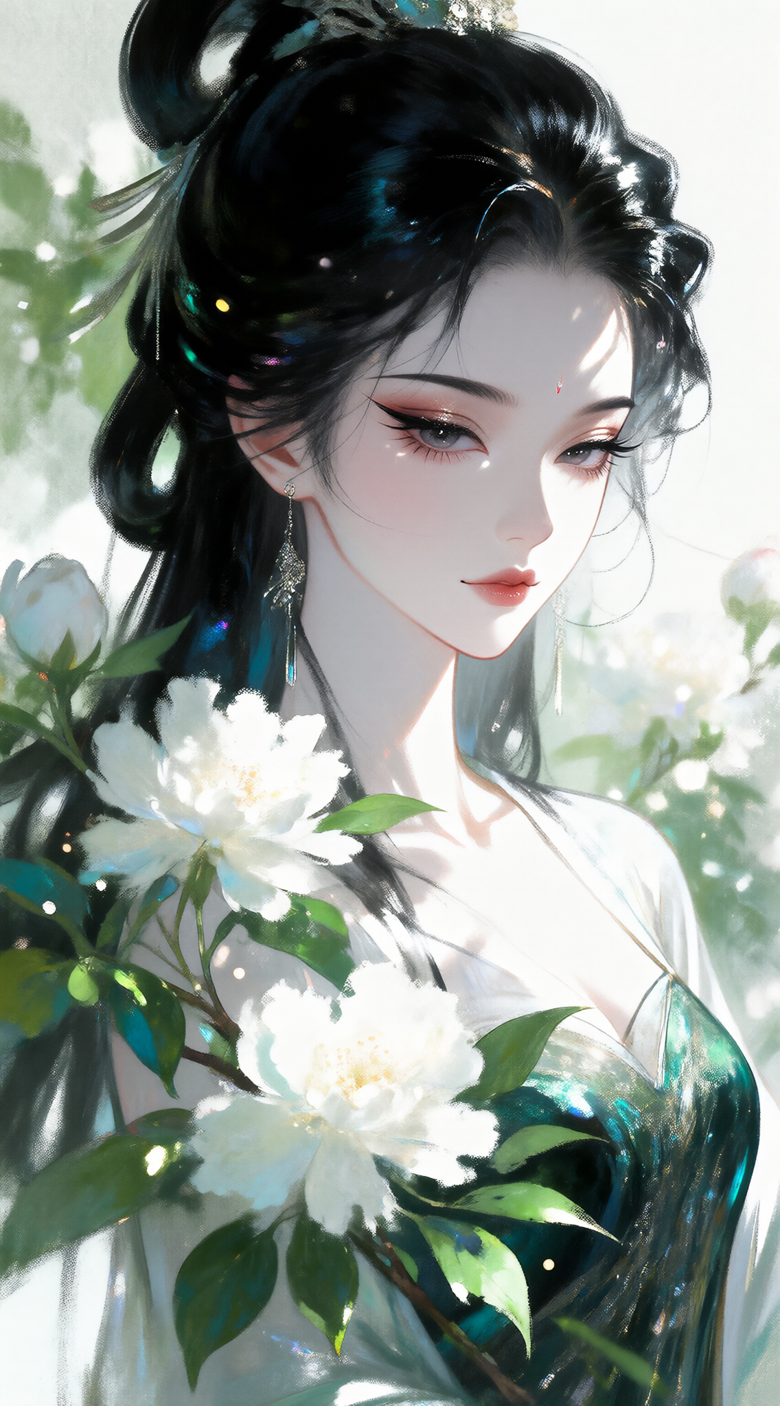 花影中的神秘古风女子插画
