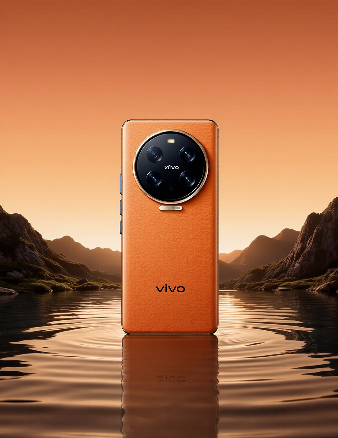 橙色vivo旗舰手机在湖面日落场景中的产品海报