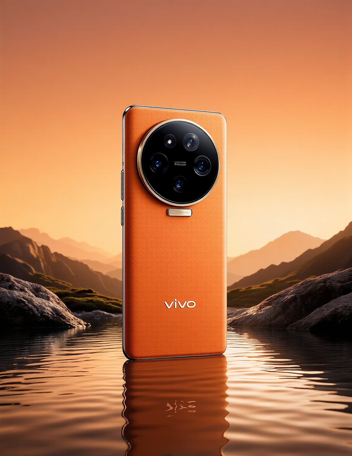 橙色vivo旗舰手机在湖面日落场景中的产品海报