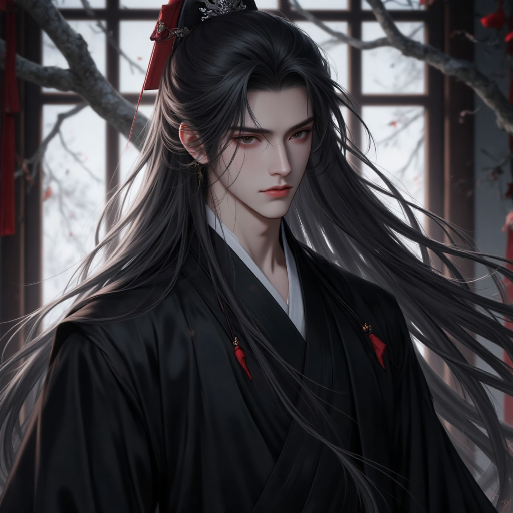 古风黑衣长发人物立绘
