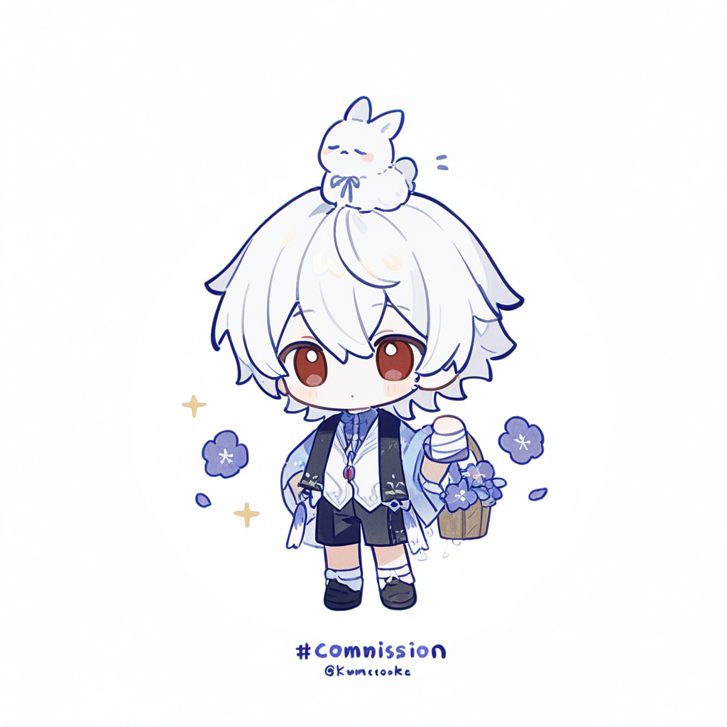 白发Q版少年与小兔的清新插画
