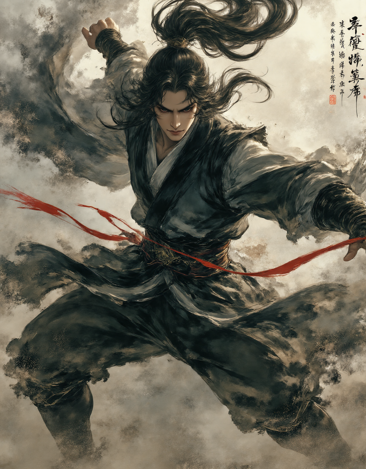水墨武侠风的凌空出拳人物