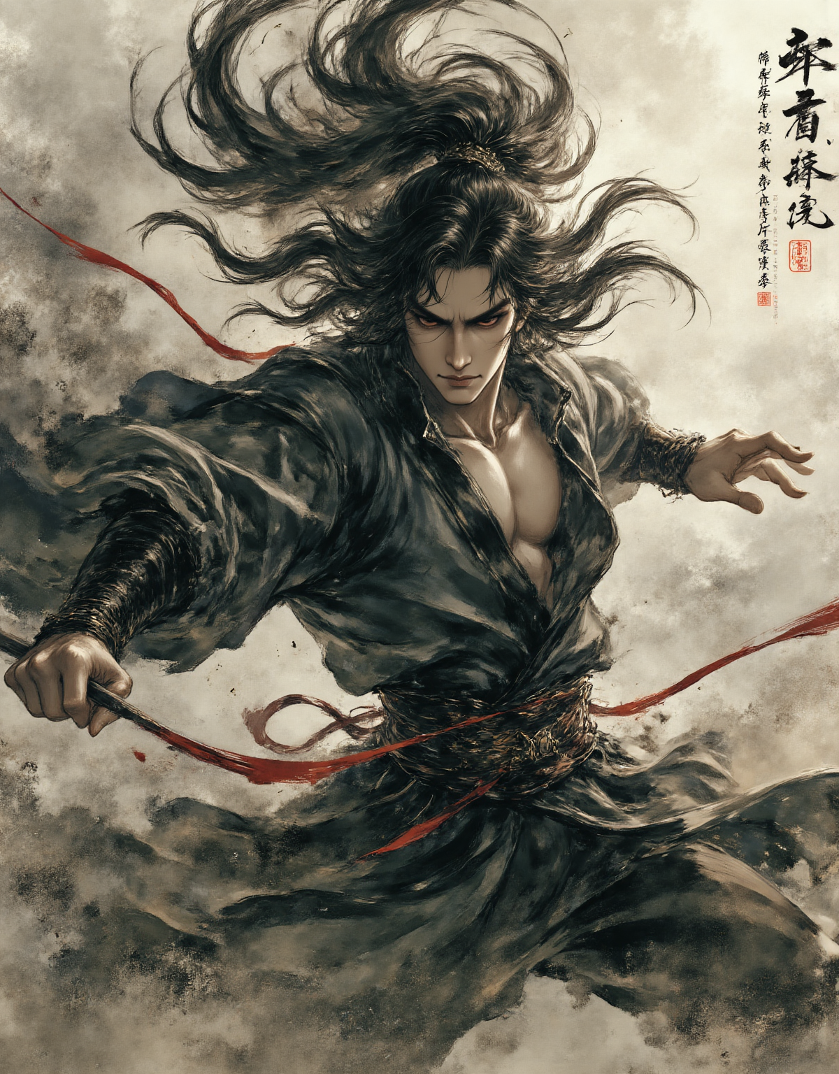 水墨武侠风的凌空出拳人物
