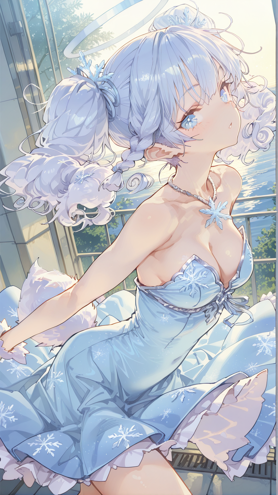 蓝白色冰雪系天使少女插画