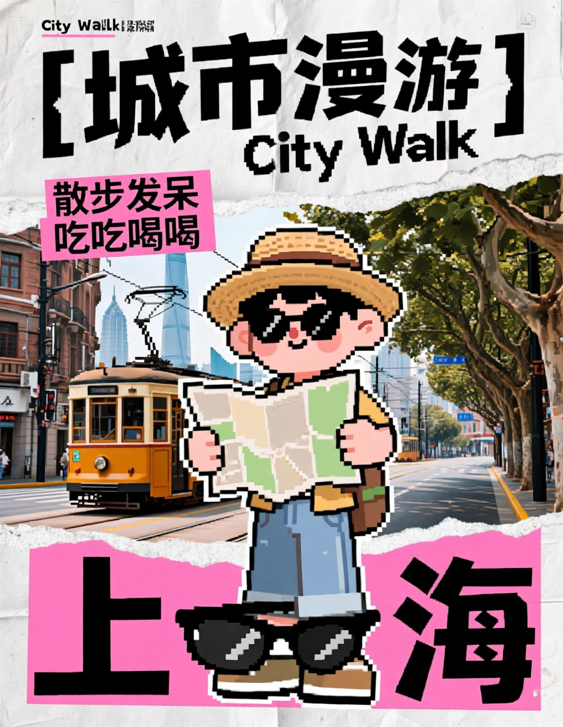 像素风城市漫游海报：城市漫步与上海街景