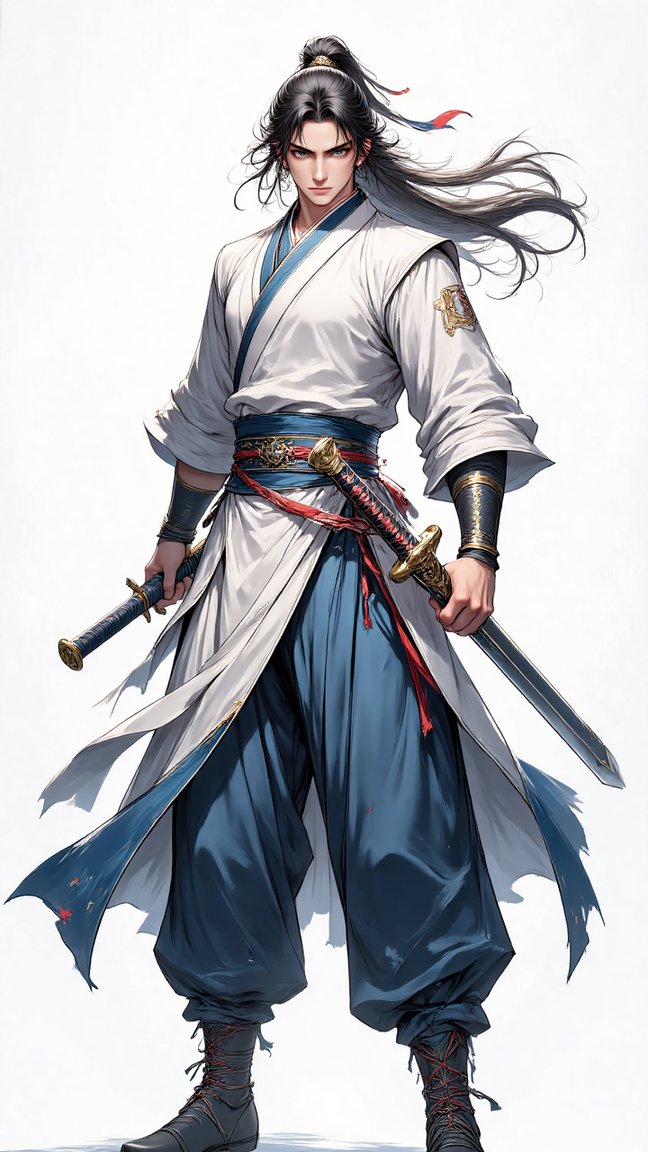 持双剑的古风武侠男子角色立绘