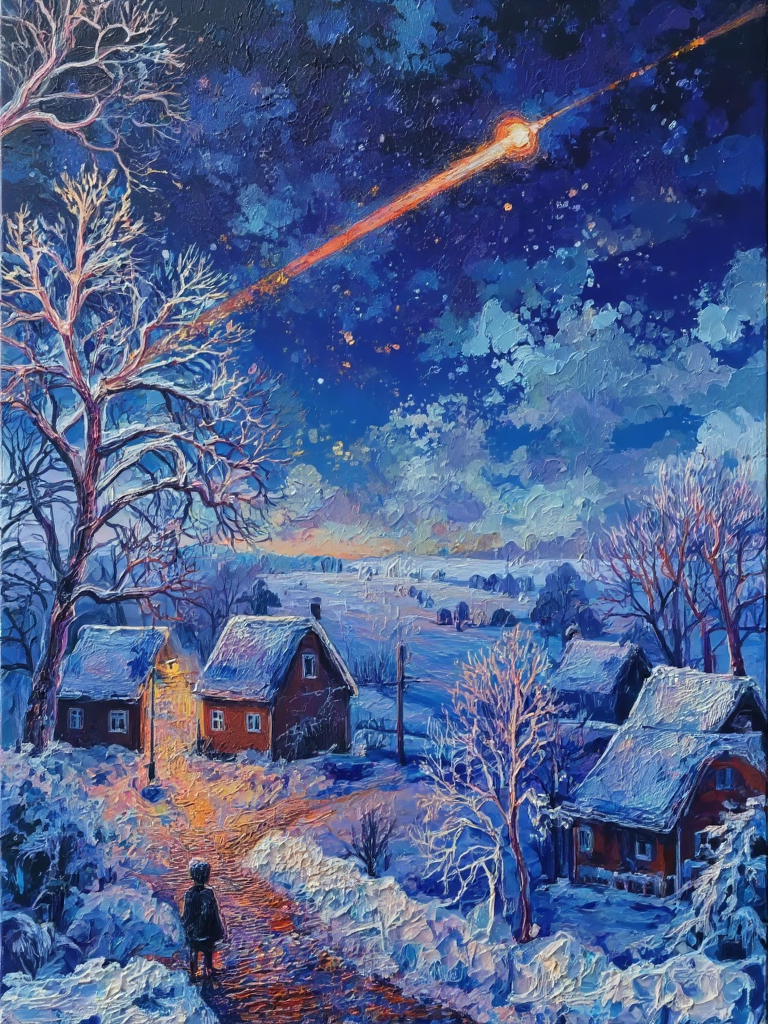 冬夜流星下的雪乡村庄