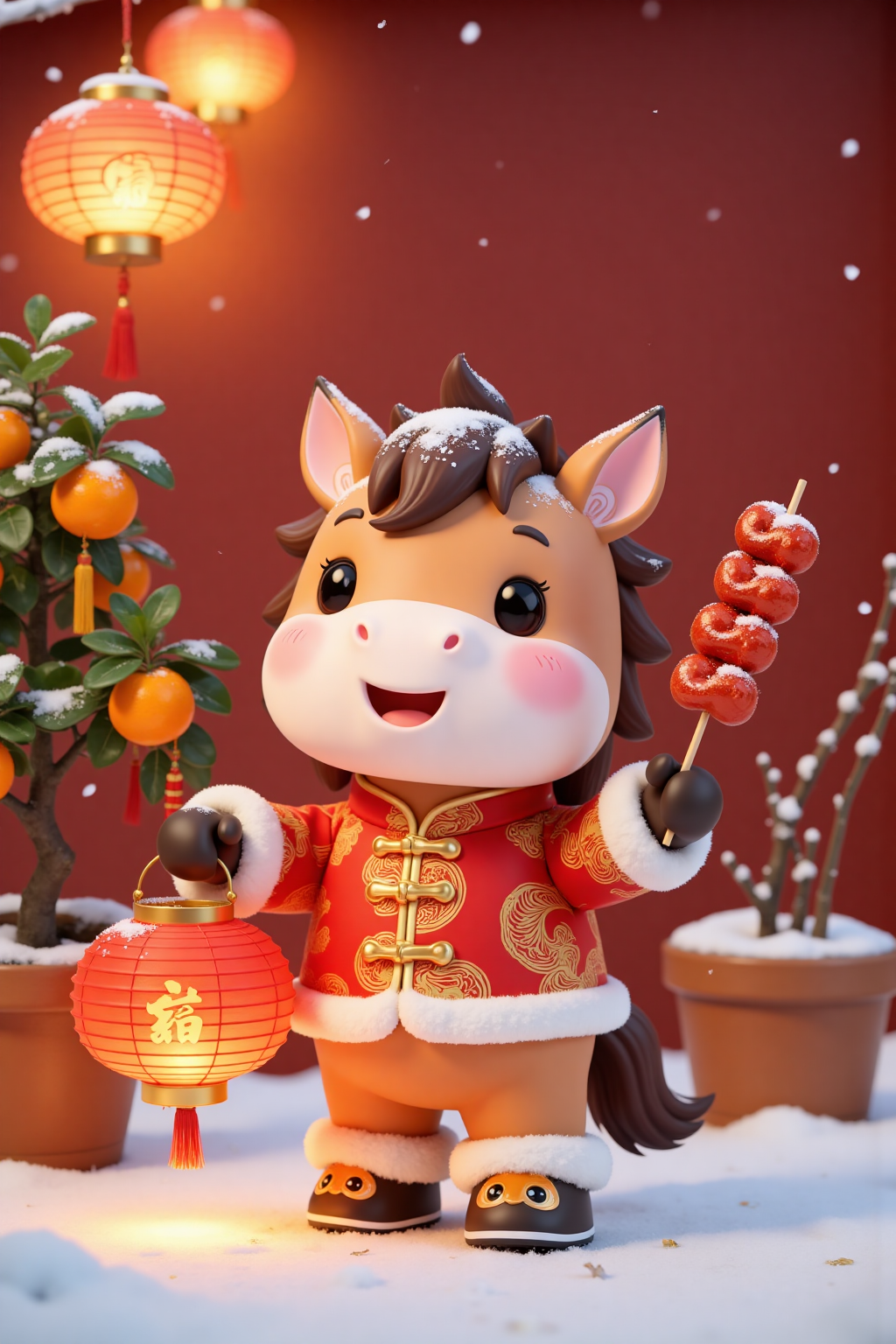 F1圆乎乎唐装小马3D渲染卡通IP形象持糖葫芦抱红灯笼喜庆满满新年运营海报盲盒IP