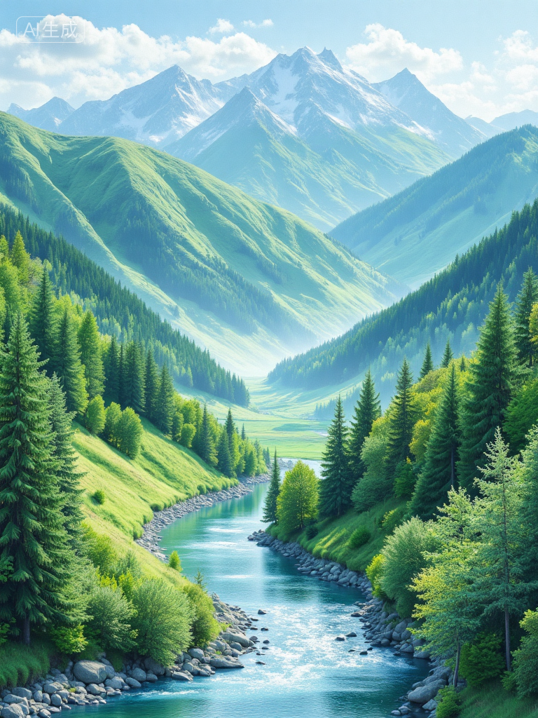 梦幻山谷湖景插画