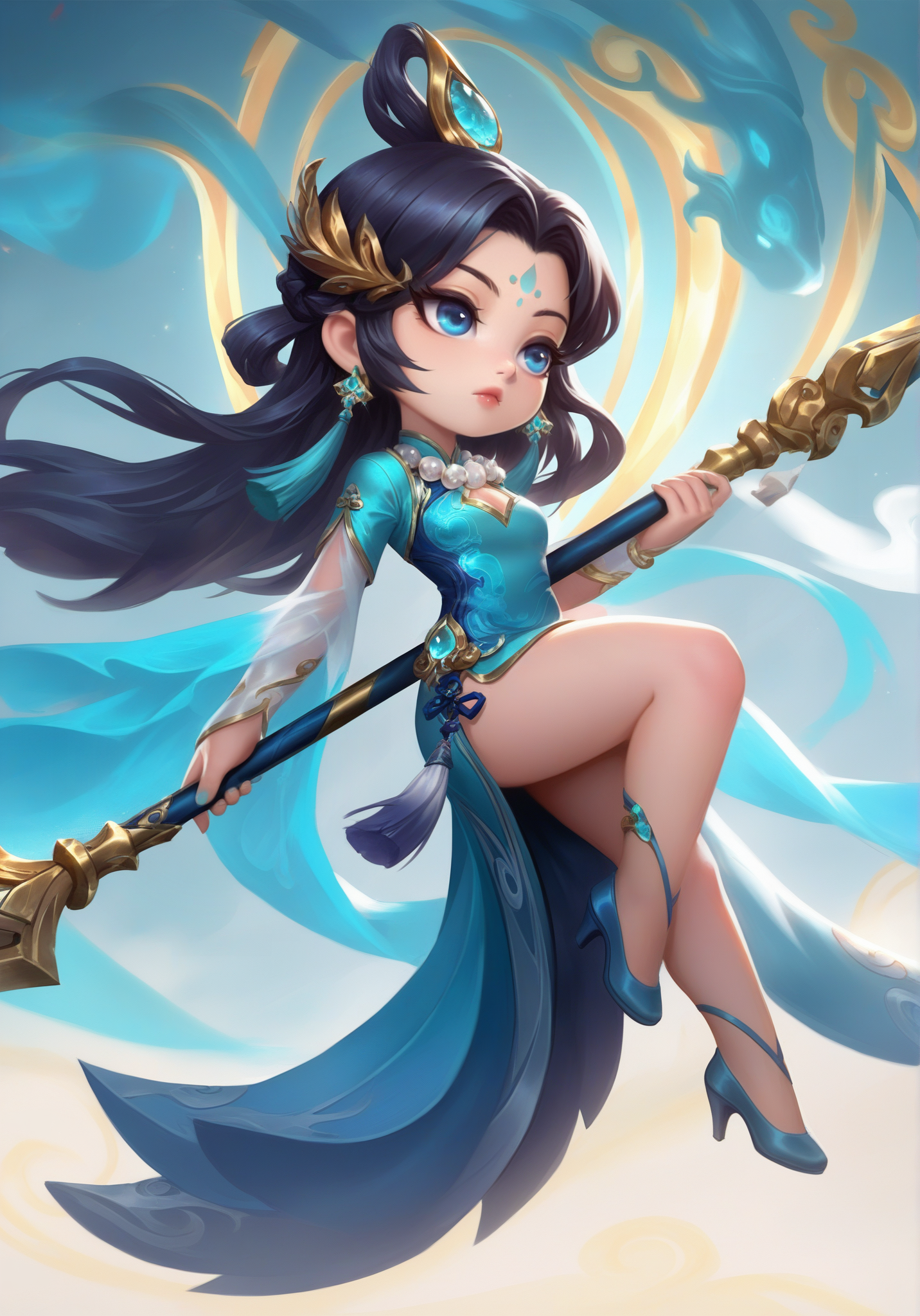 仙风水韵女武神持杖腾空图
