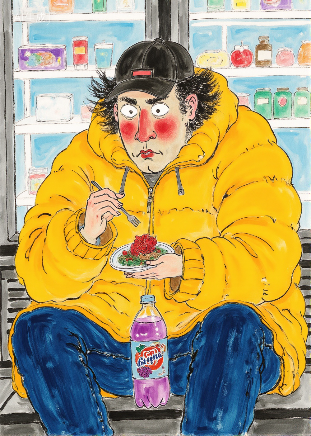 黄羽绒服少年在货架前吃餐点的插画