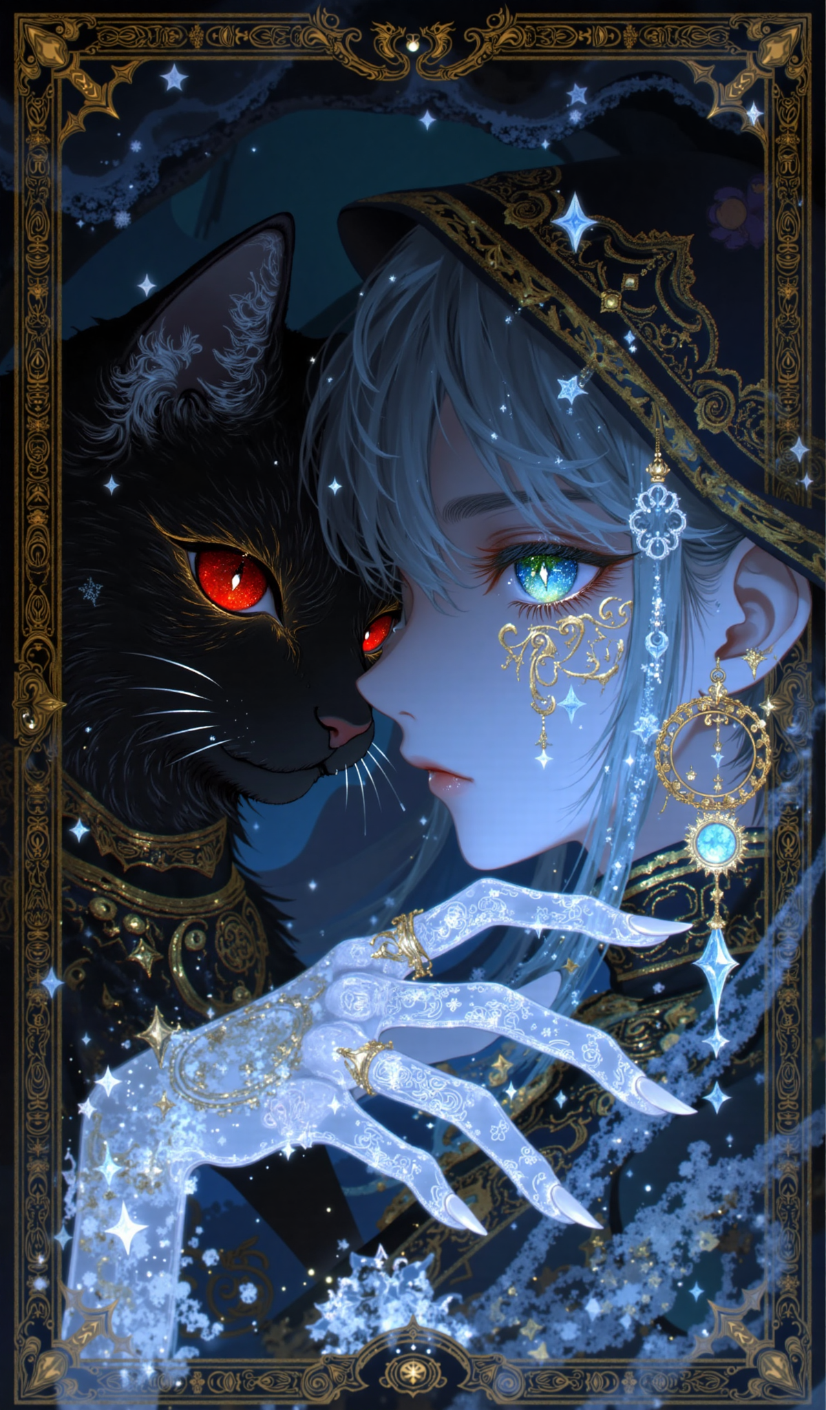 星夜魔法与黑猫共生的奇幻肖像