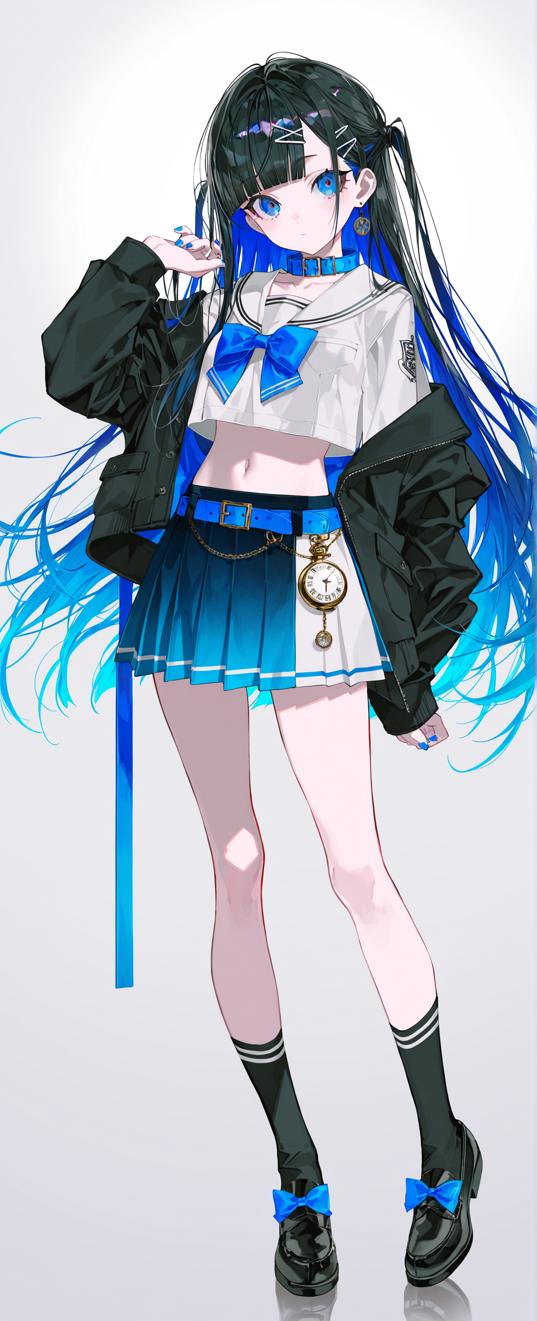 蓝黑配色的二次元少女全身设定图