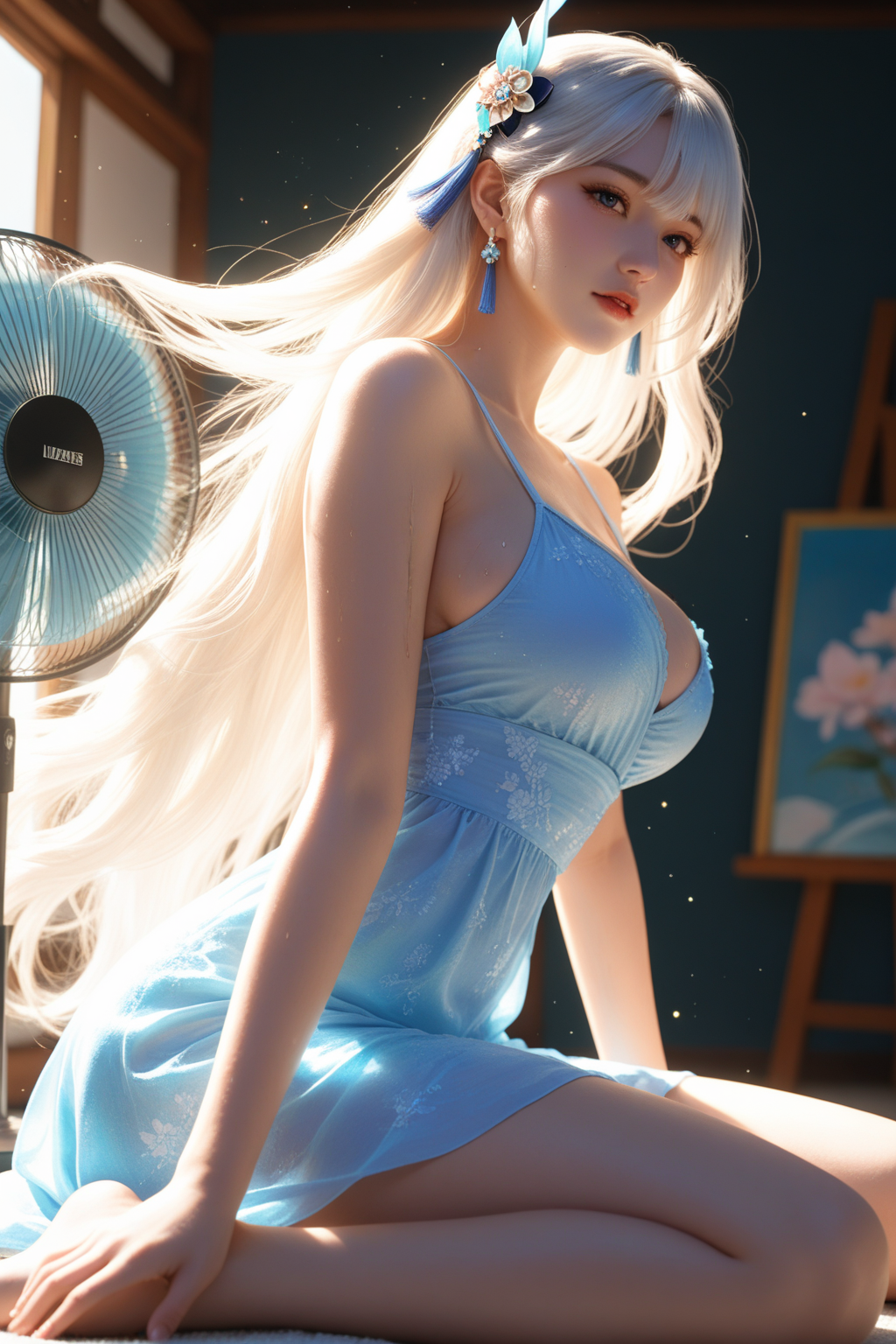 阳光中的蓝色和风长发少女