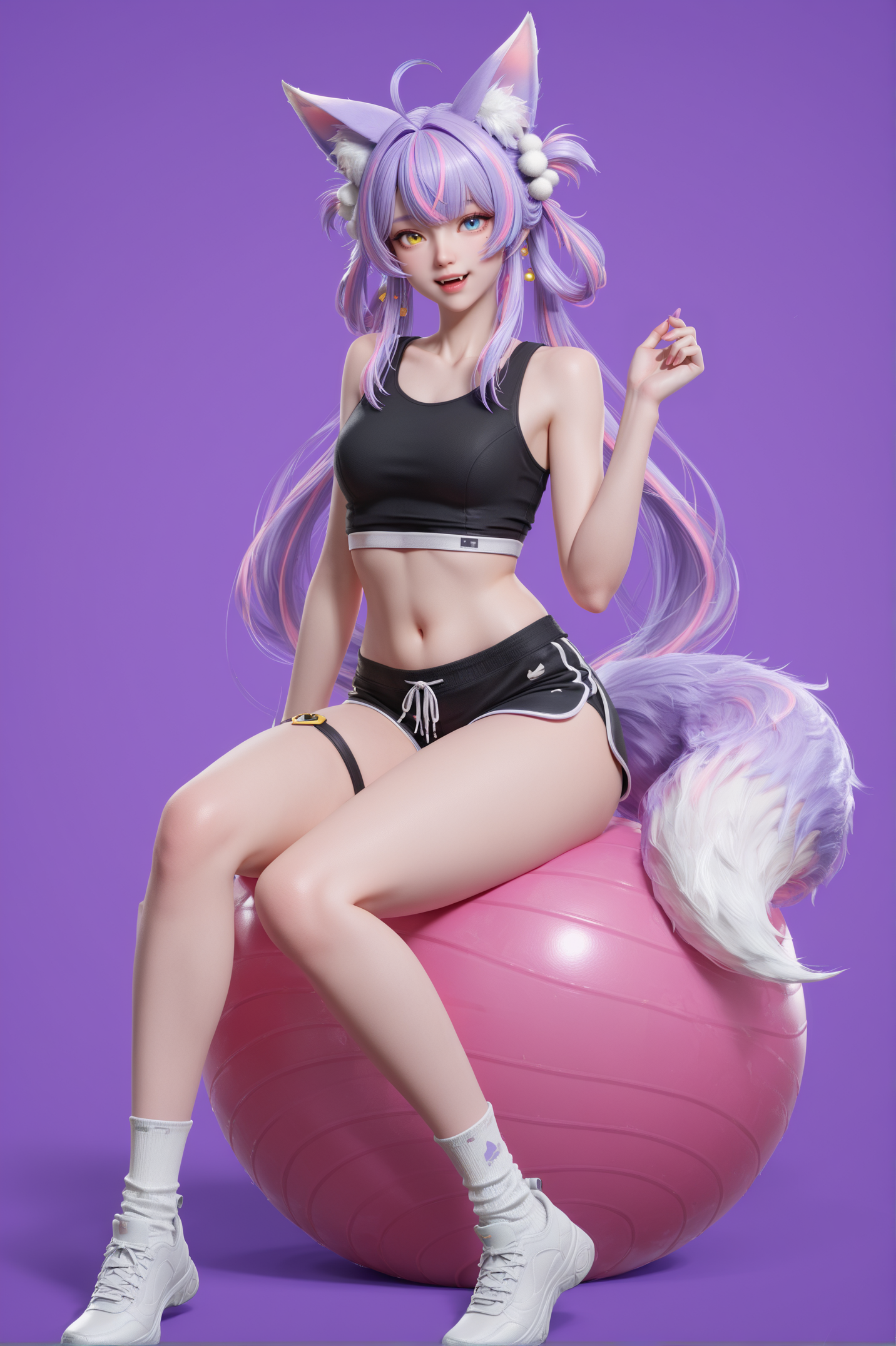 紫色背景下的二次元兽耳少女坐姿写真