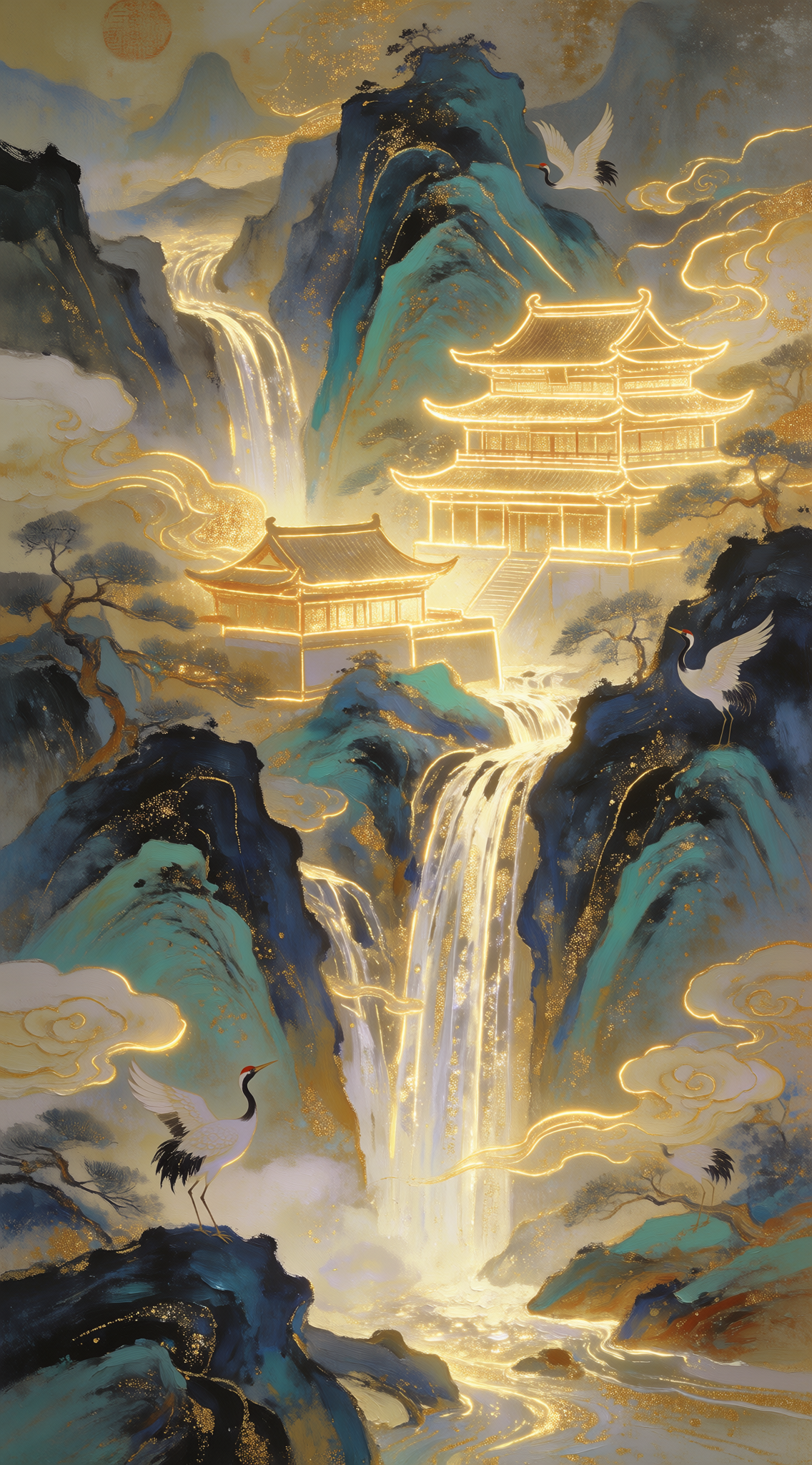 仙山飞瀑与金辉楼阁的东方幻境