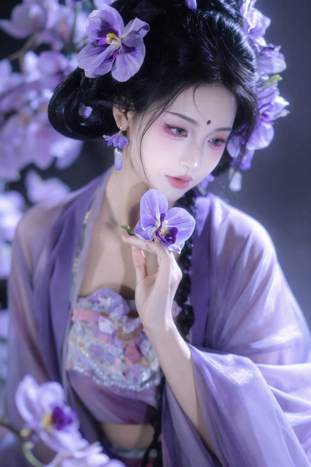 紫色花影中的古风人物肖像