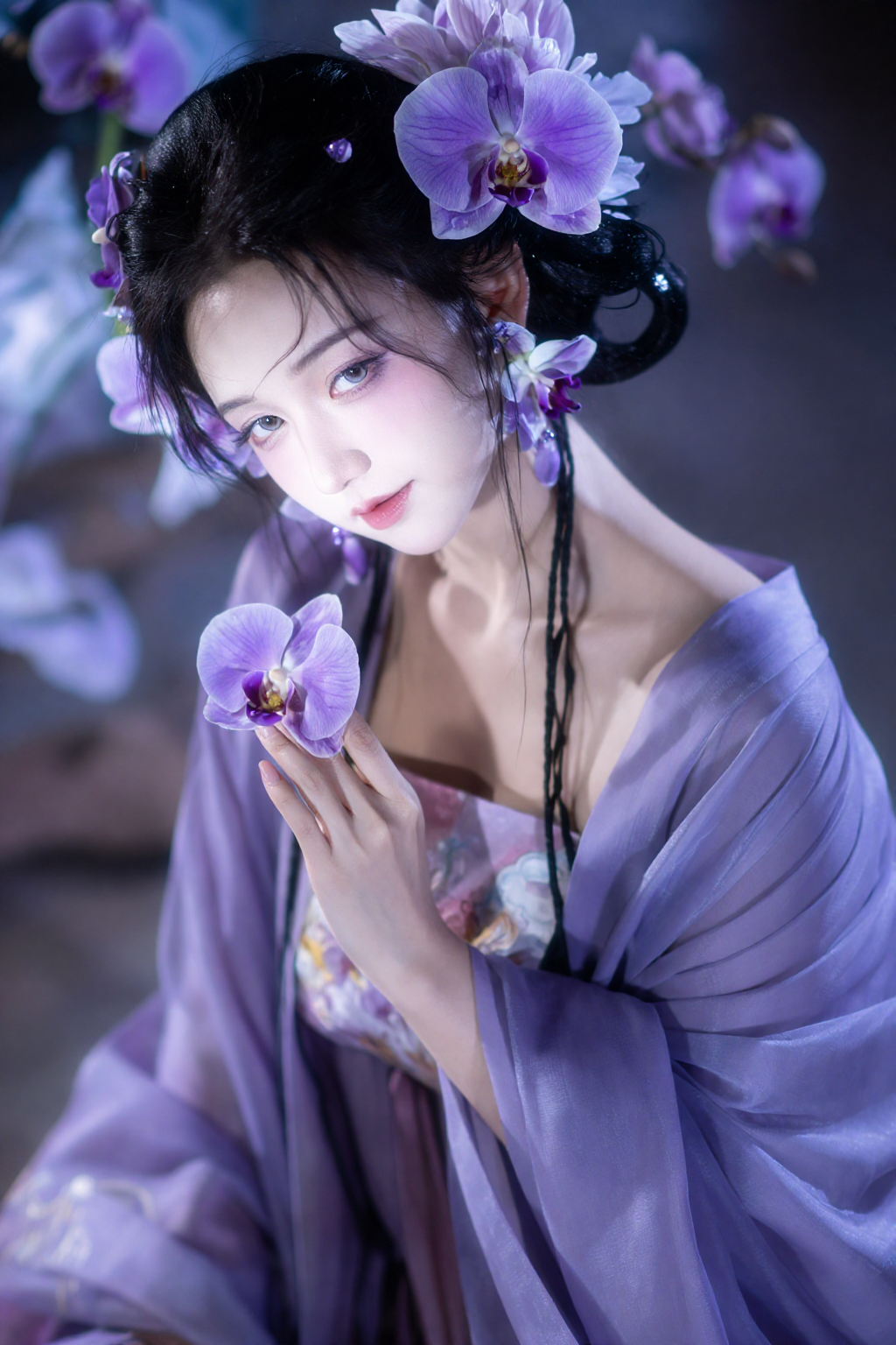紫色花影中的古风人物肖像