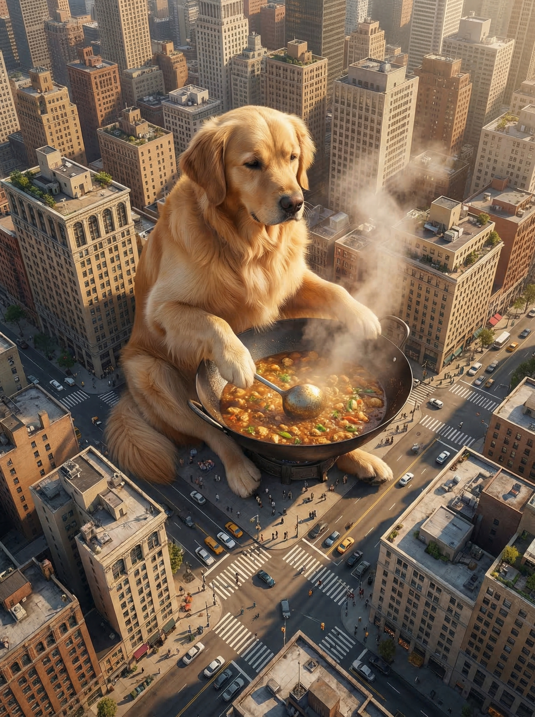 巨型金毛犬俯瞰城市烹饪