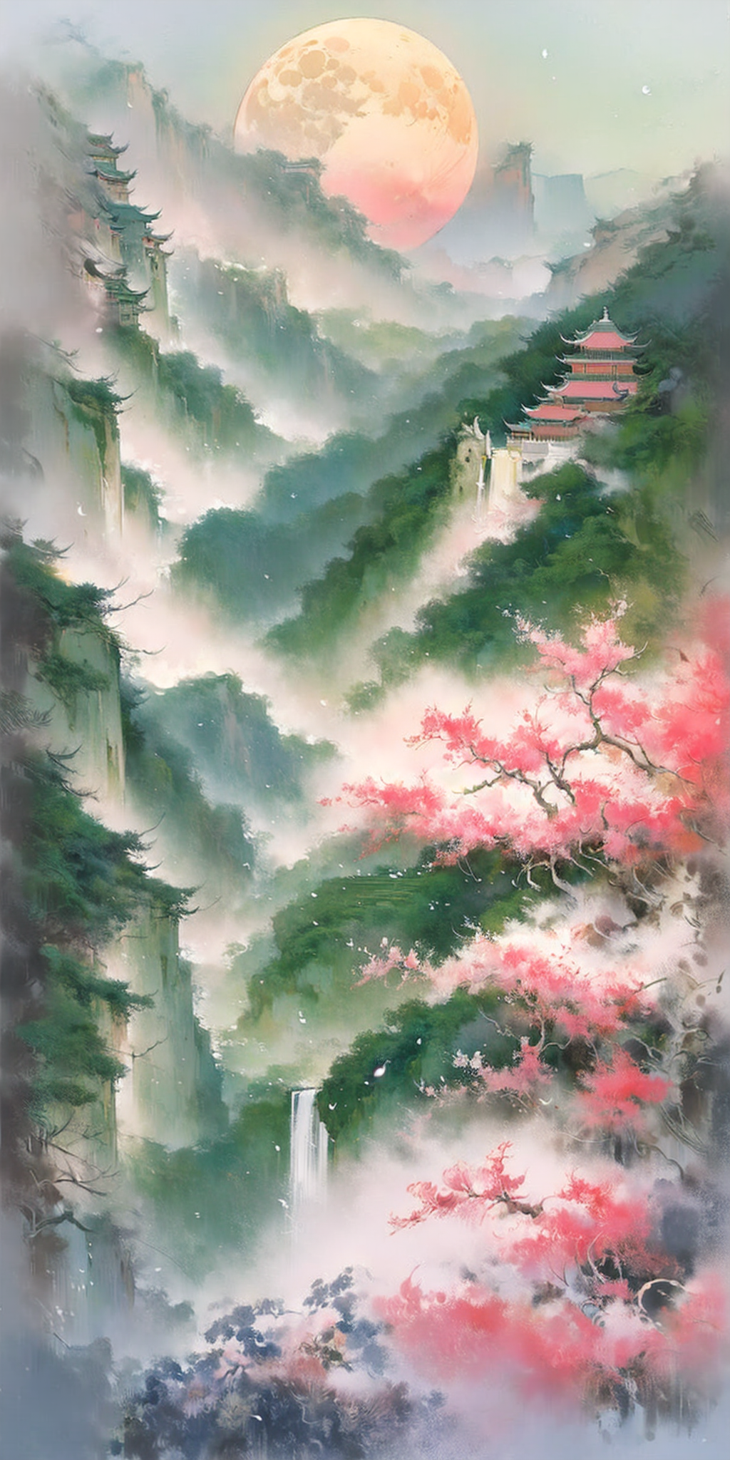 云雾缭绕的桃花仙境山谷