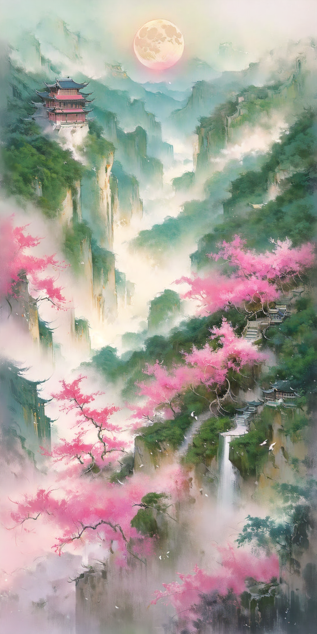 云雾缭绕的桃花仙境山谷