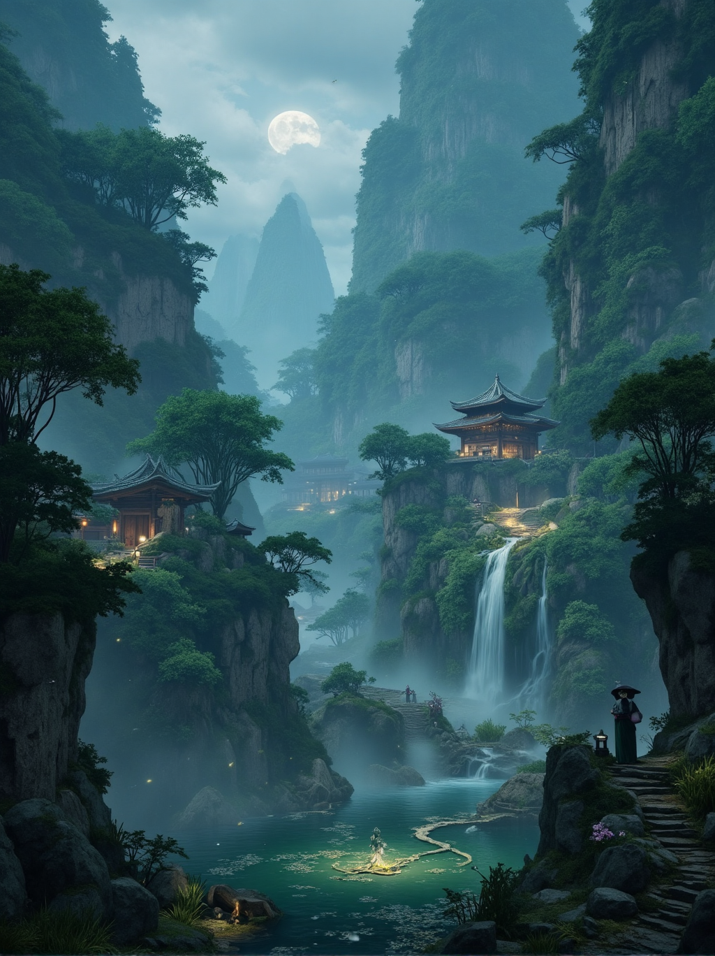 月夜仙境中的山谷古刹与瀑布秘境