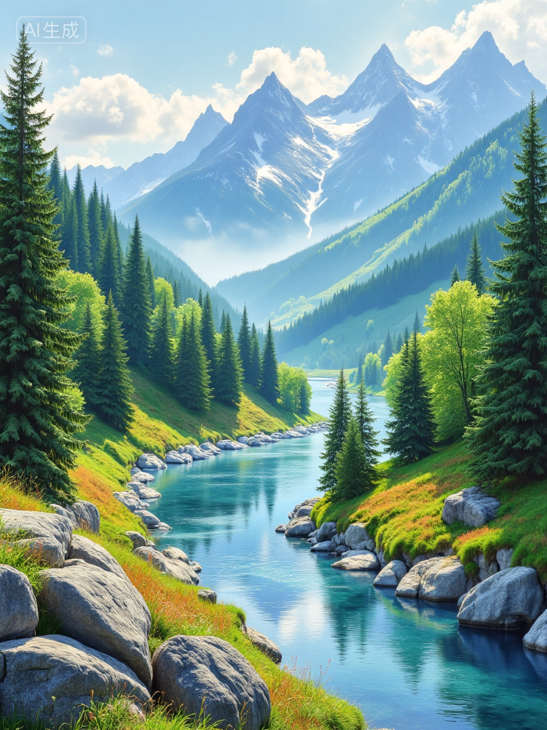 梦幻山谷湖景插画