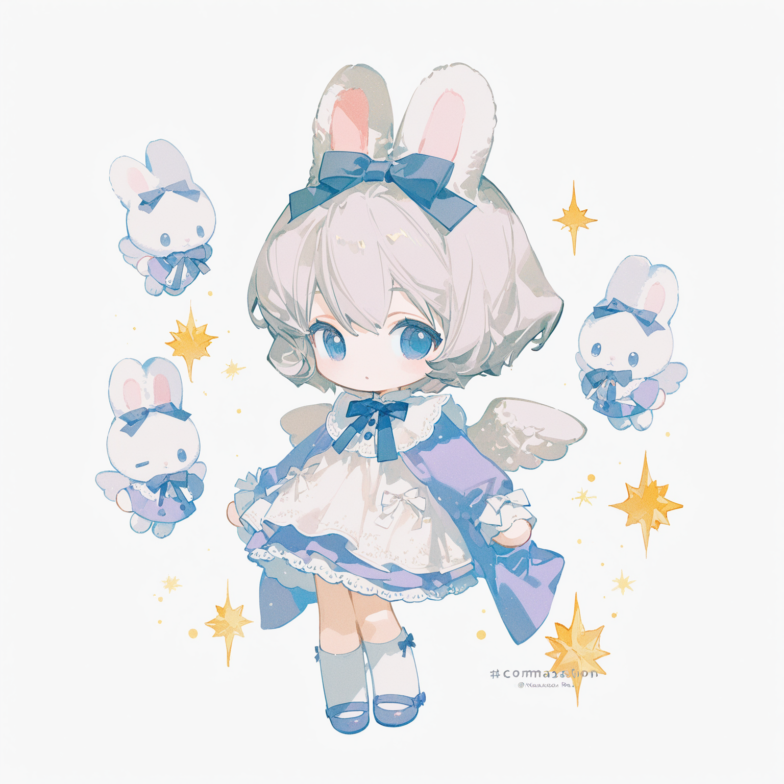 蓝白兔耳少女与小兔精灵的梦幻插画
