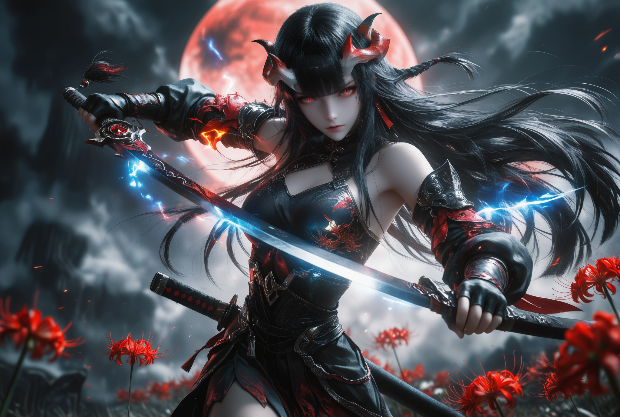 赤刃花海中的暗影女武者