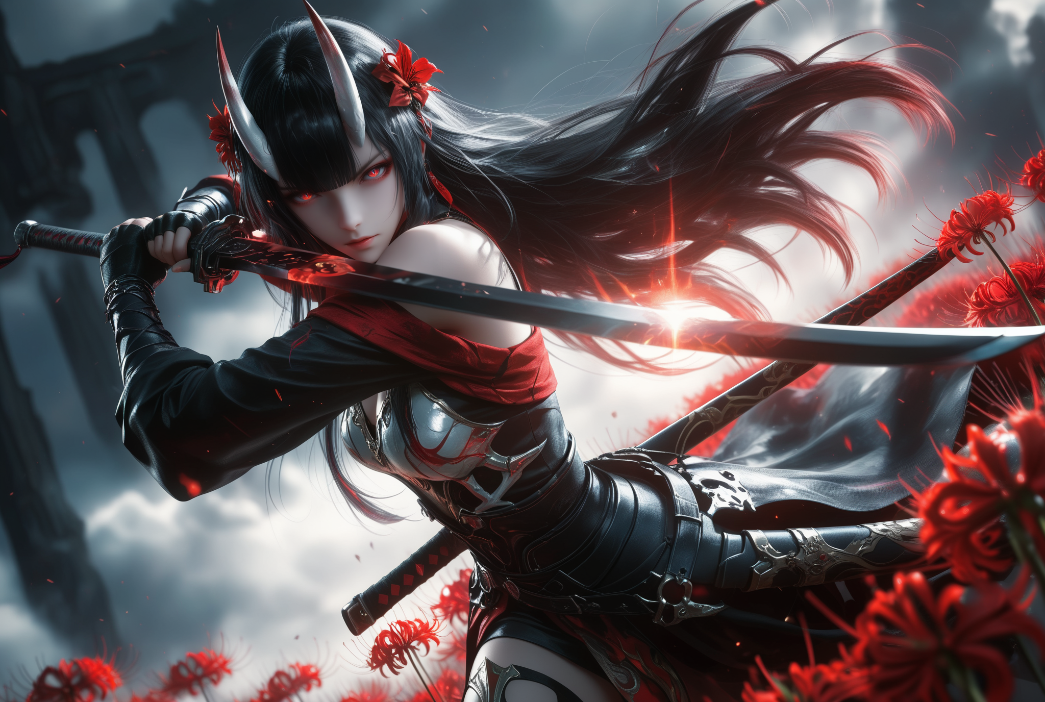 赤刃花海中的暗影女武者