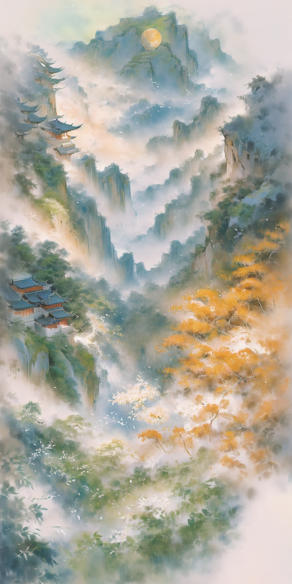 云雾缭绕的仙境山水与古风楼阁