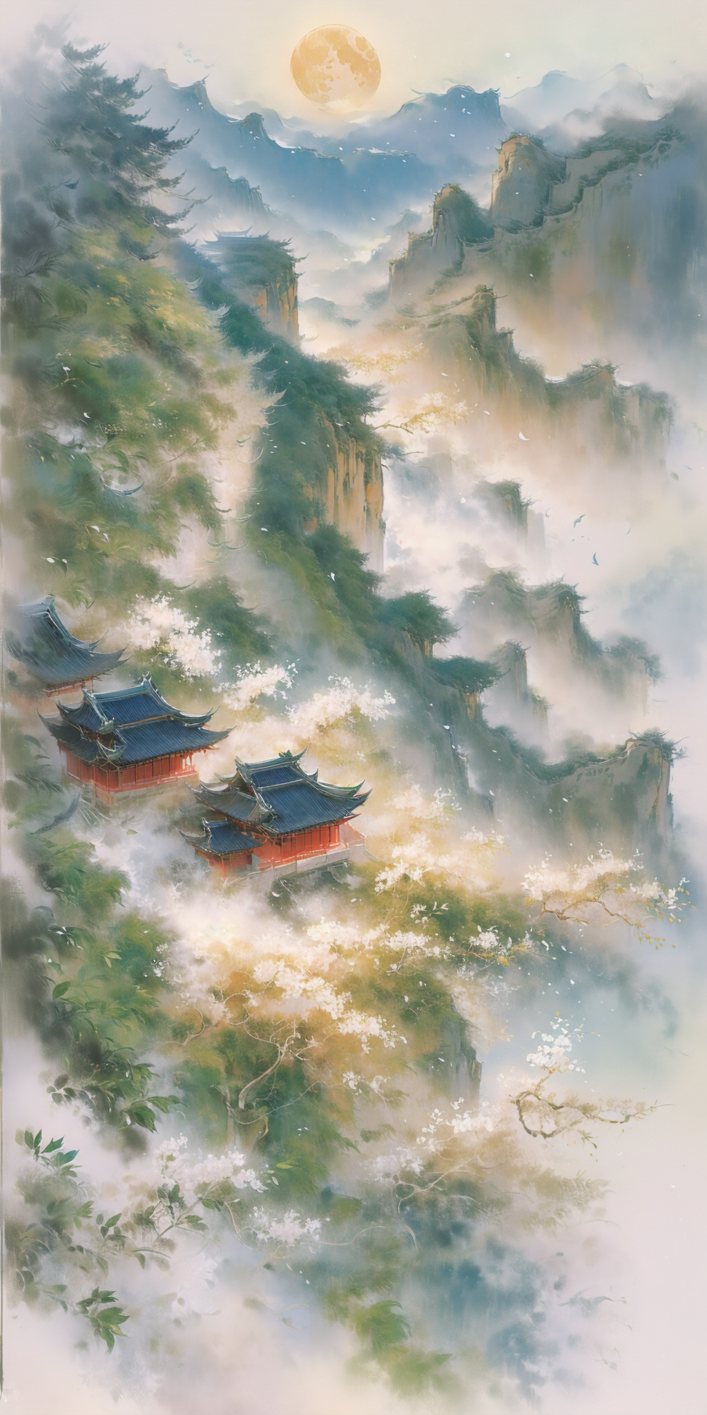 云雾缭绕的仙境山水与古风楼阁