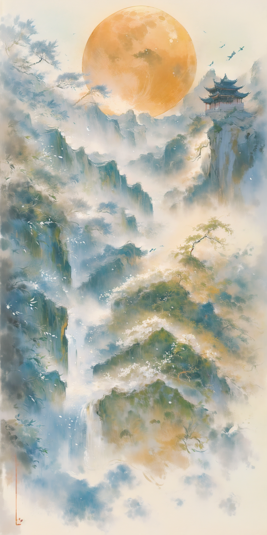 云雾缭绕的仙境山水与古风楼阁