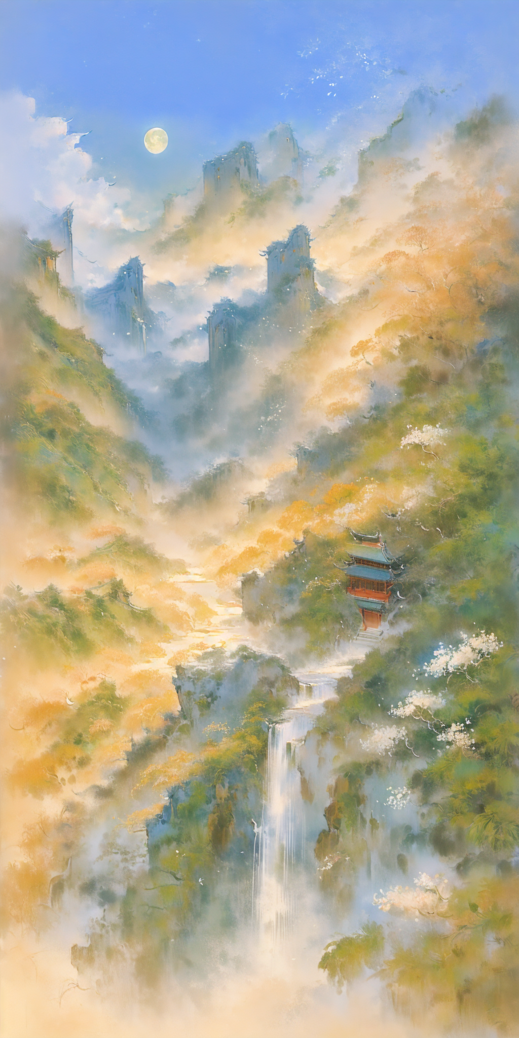 云雾缭绕的仙境山水与古风楼阁