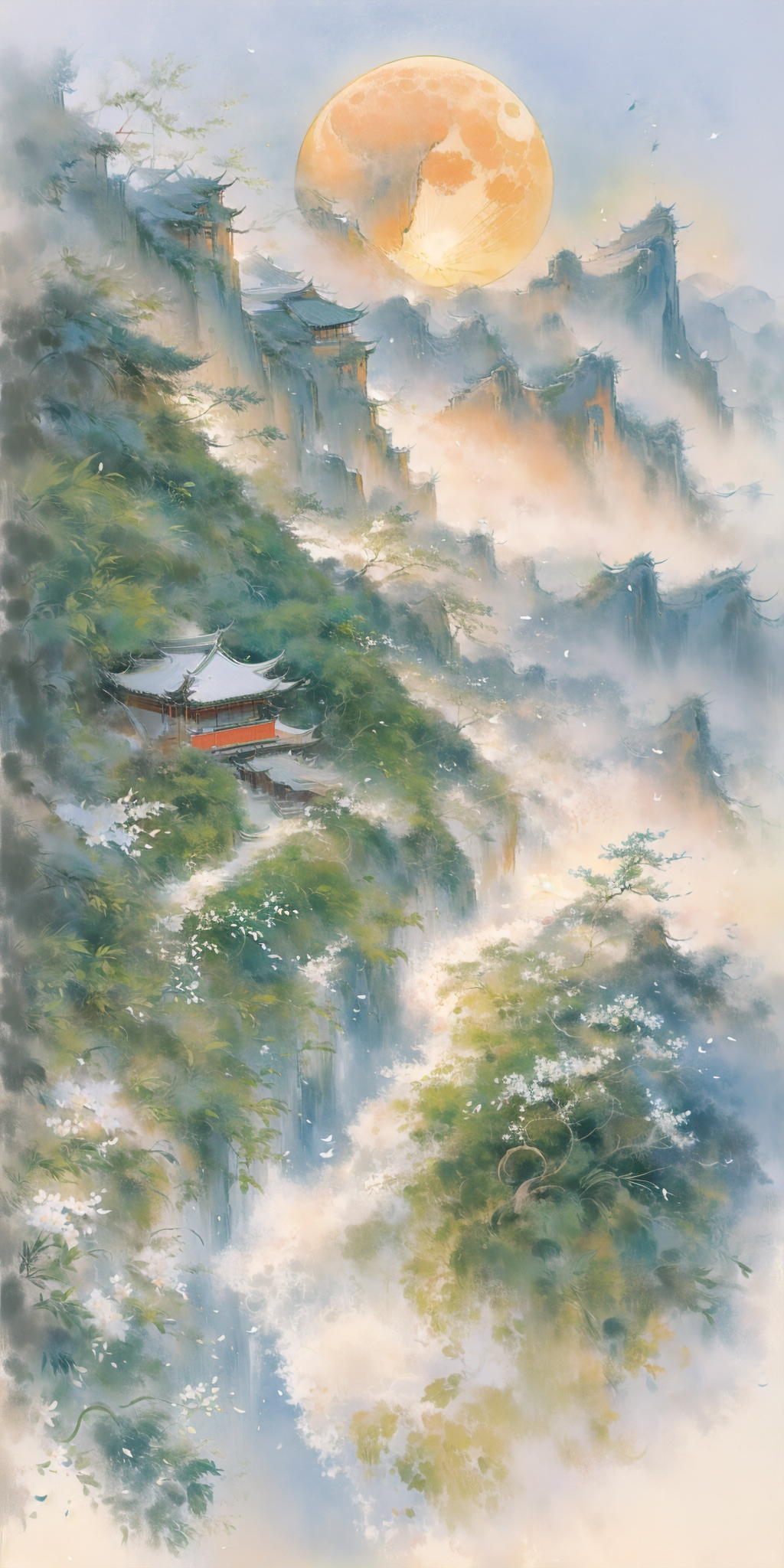 云雾缭绕的仙境山水与古风楼阁