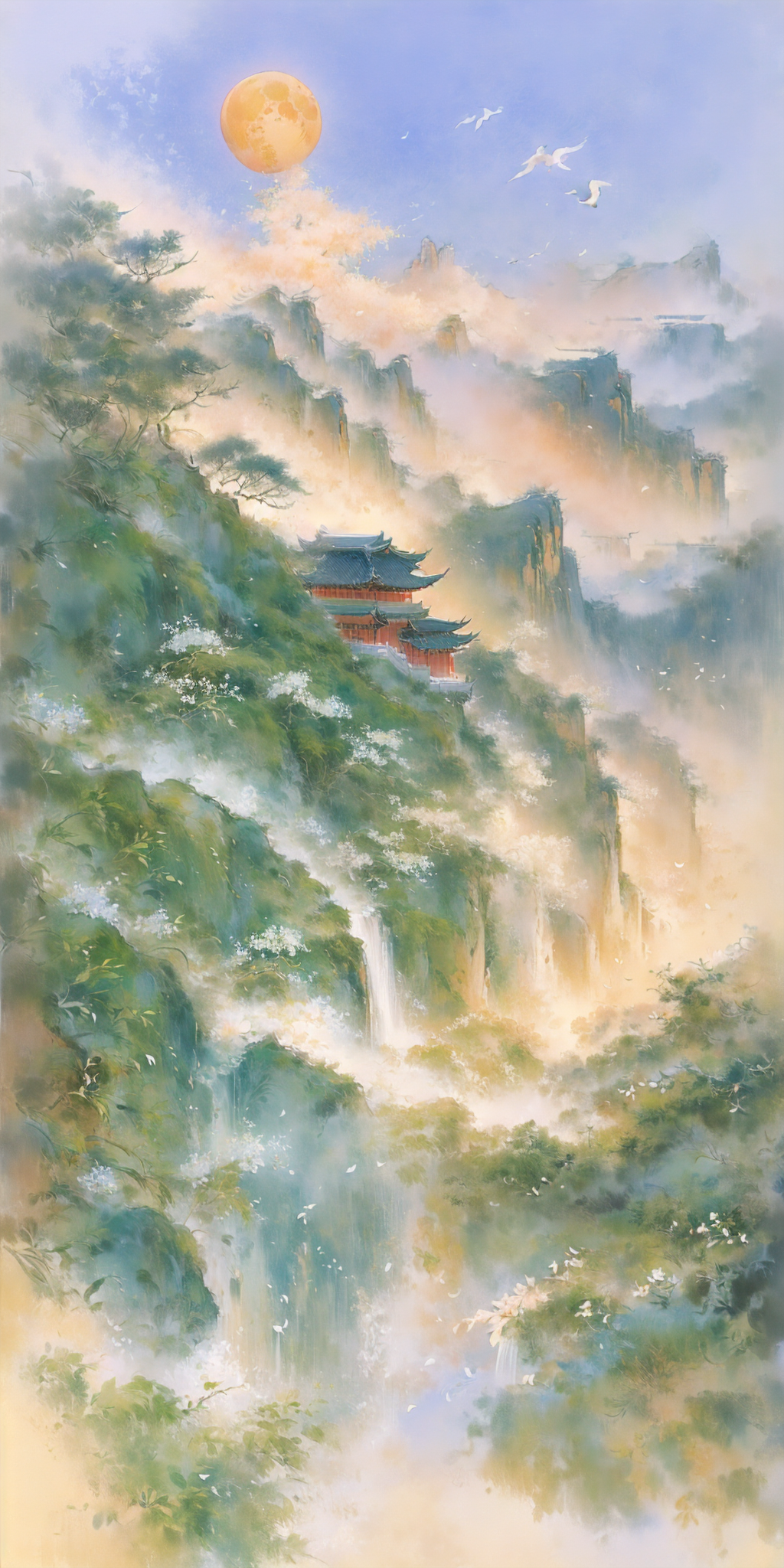 云雾缭绕的仙境山水与古风楼阁
