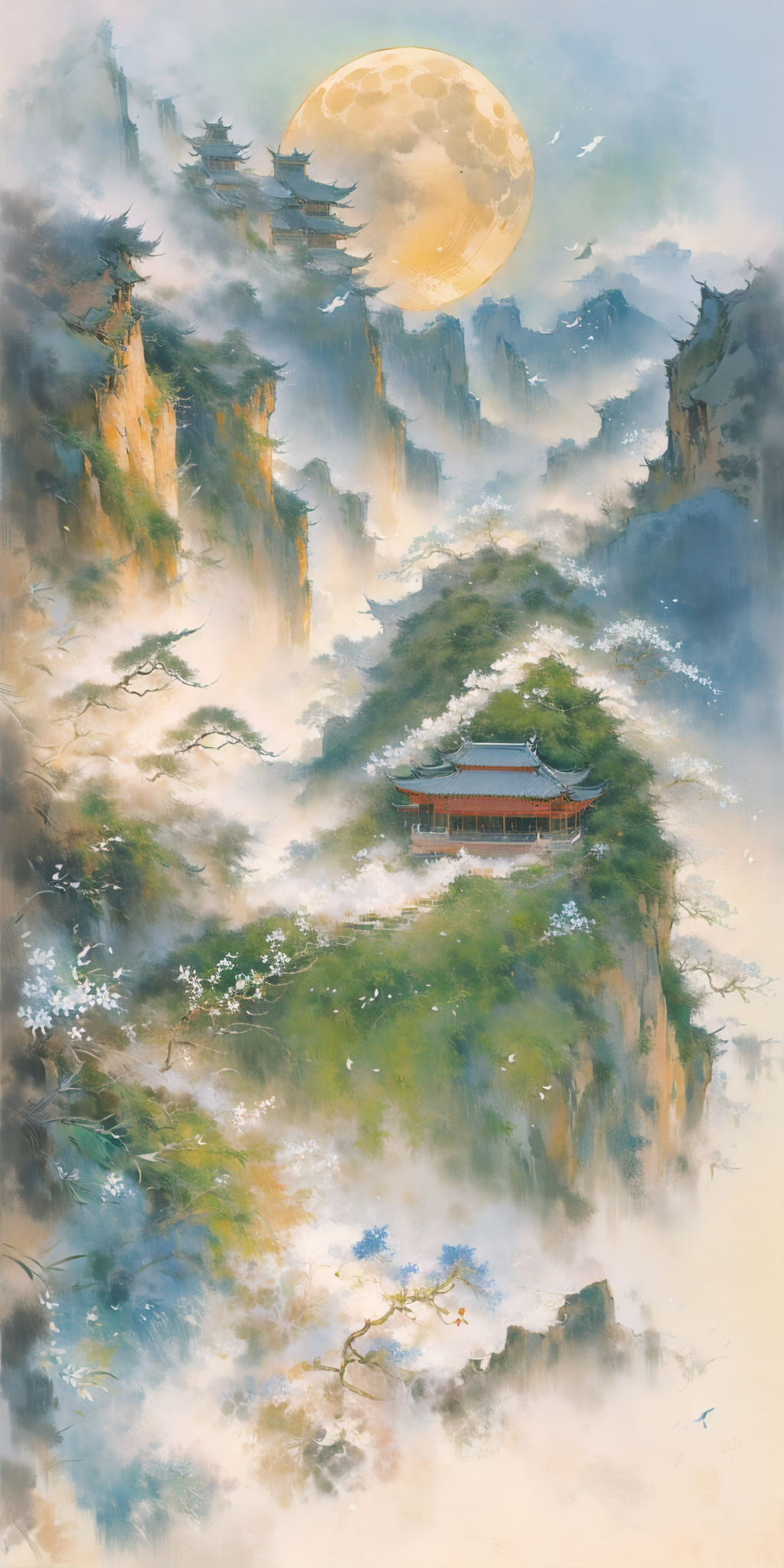 云雾缭绕的仙境山水与古风楼阁