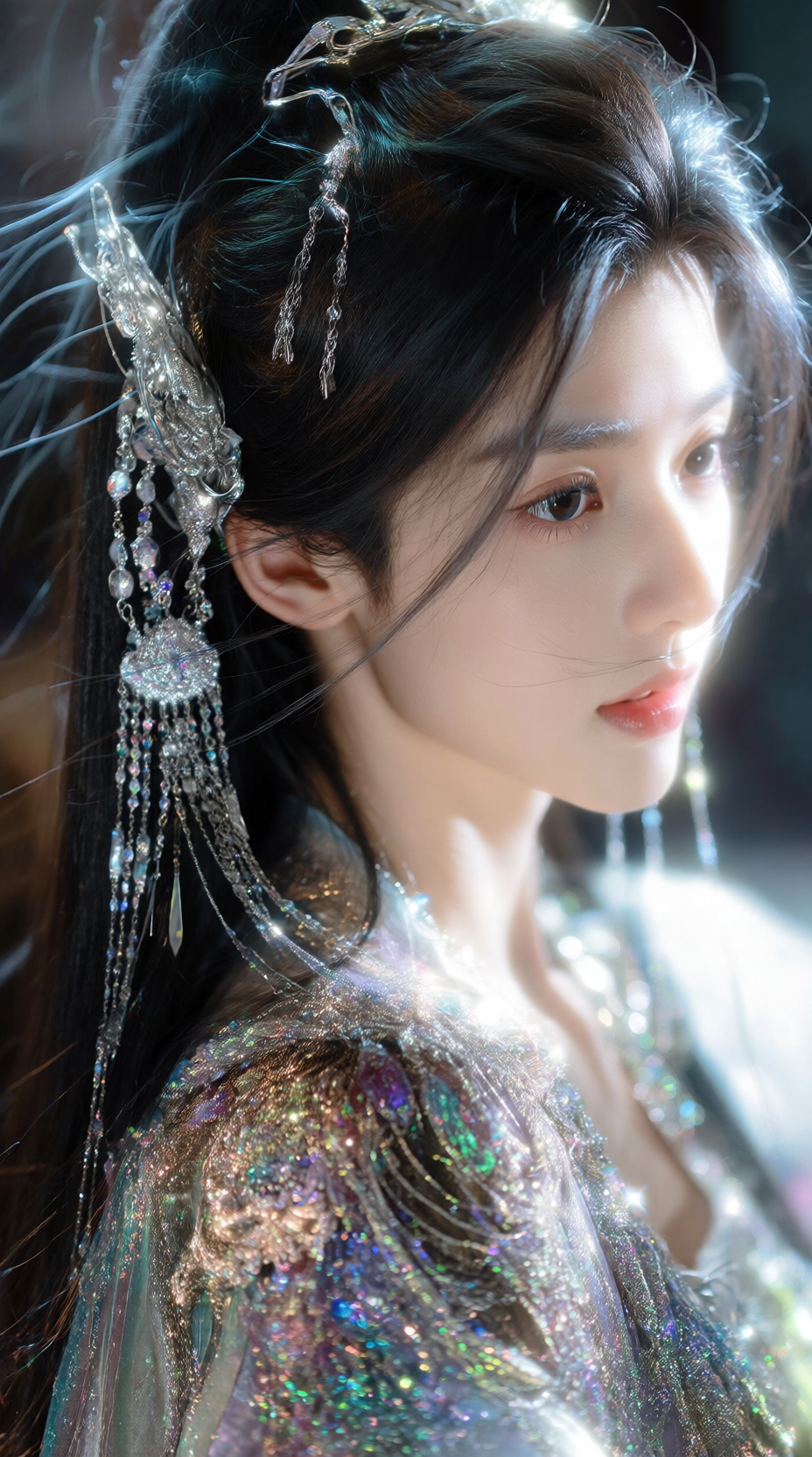 唯美厚涂半披发发式，配戴精致首饰