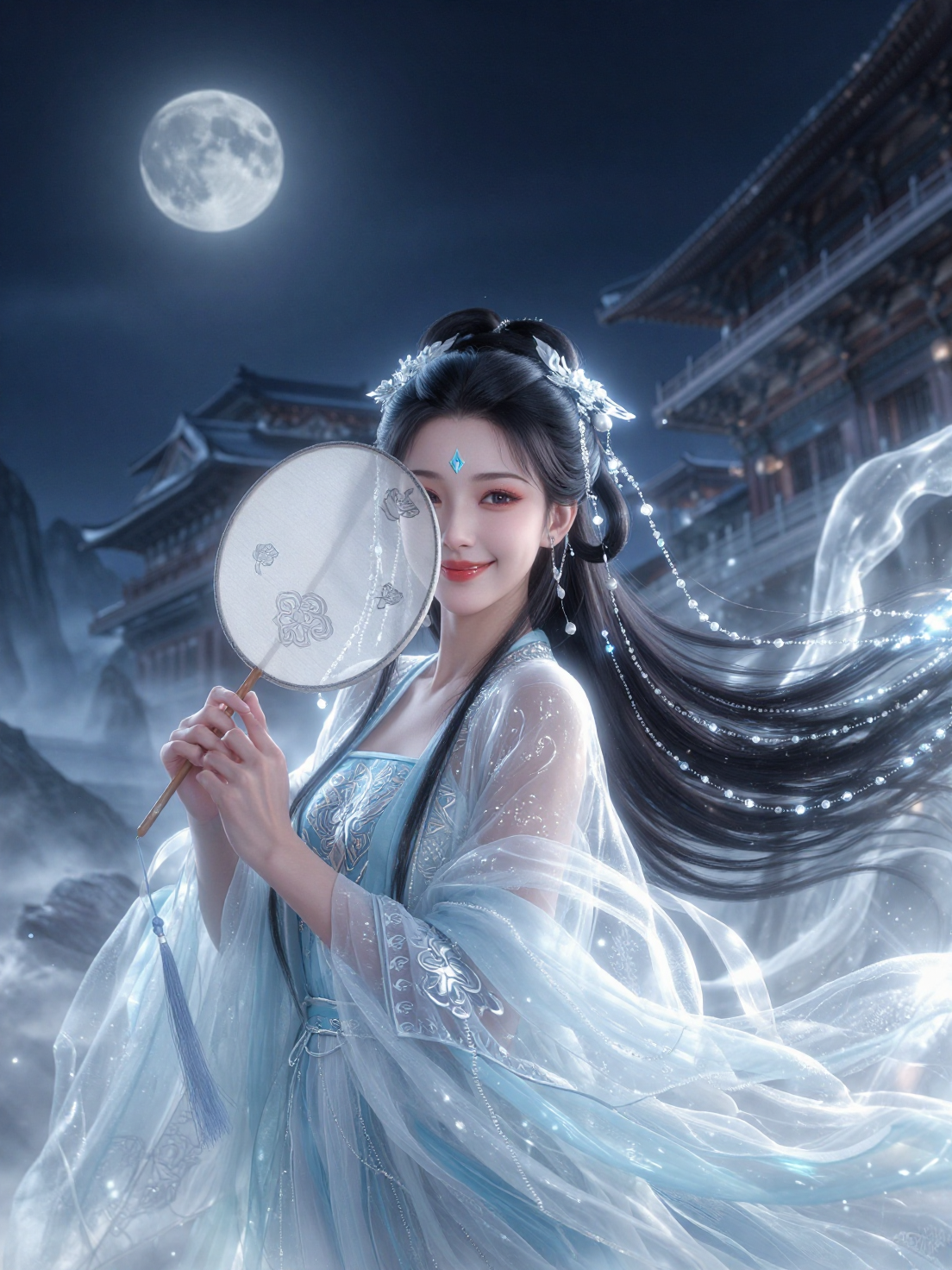 月夜古风仙气女子执扇图