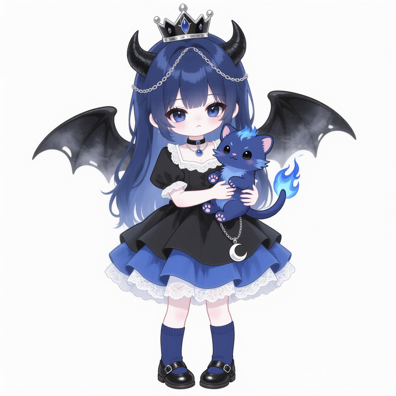黑色恶魔风小女孩抱着蓝色小兽的角色插画