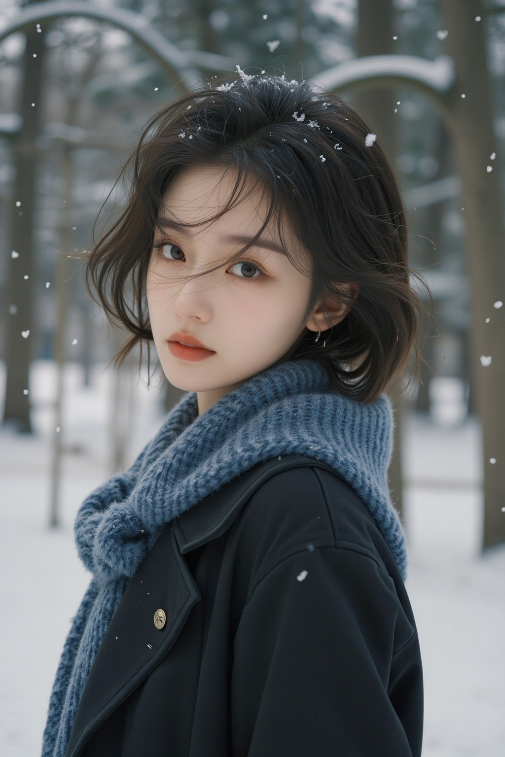 冬日雪景中的侧身人物肖像